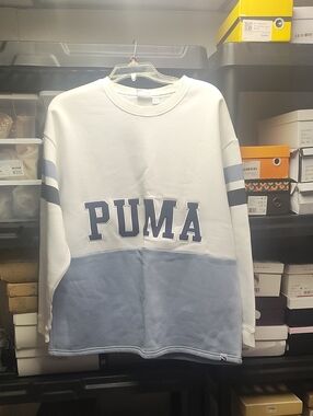 Puma Men's White and Light Blue Colorblock Crewneck Sweatshirt